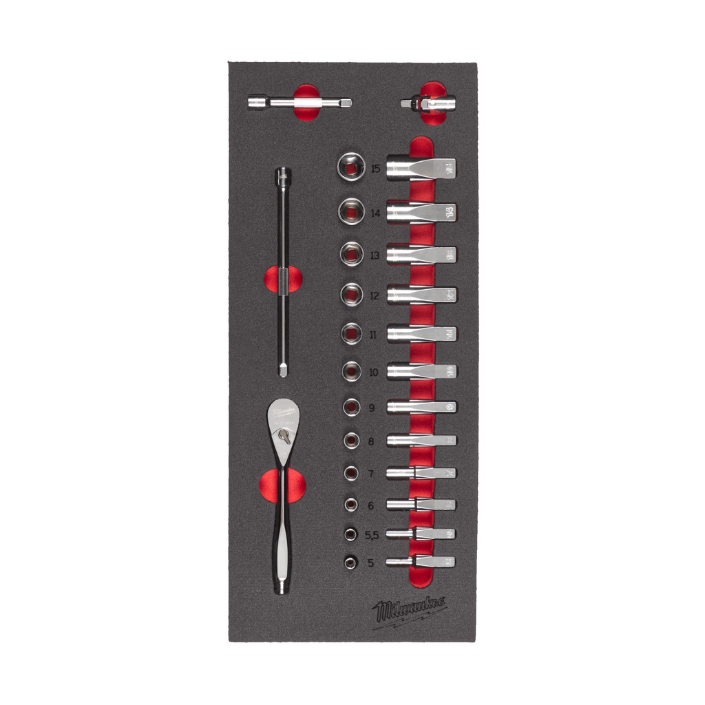 Wkładka piankowa z grzechotką i nasadkami 1/4″ Milwaukee | 1/4" Ratchet and Socket Set Foam Insert