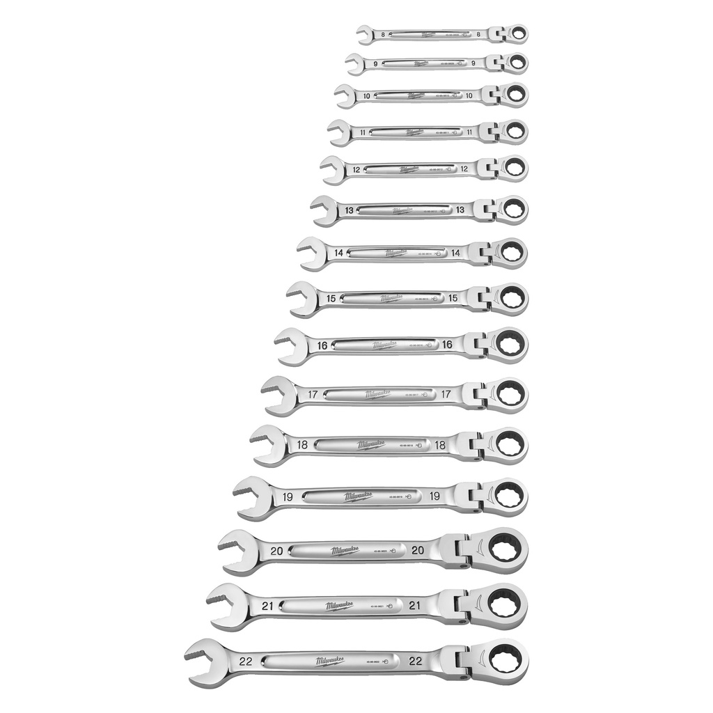 Zestaw kluczy płasko-oczkowych MAXBITE™ z ruchomą główką grzechotki Milwaukee | 15pc Maxbite Flex Head Spanner Set