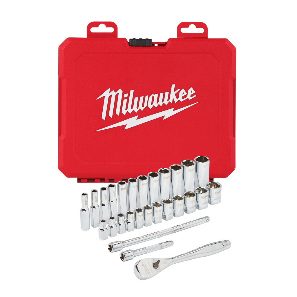 Zestawy nasadek  z grzechotką Milwaukee | 1/4 Drive 28 pc Ratchet + Socket Set Metric